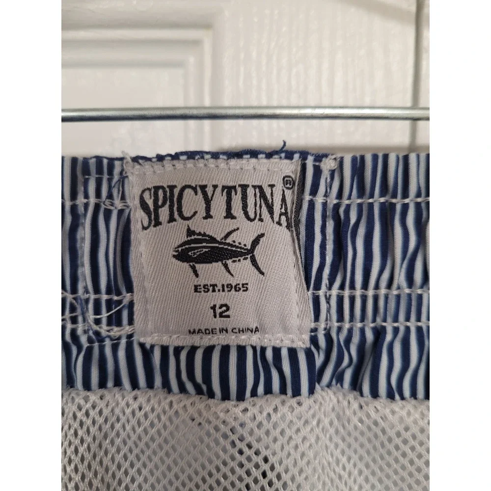 Spicy Tuna Boys Swim Trunks Navy Rainbow Anchor Board Shorts Pockets Size L